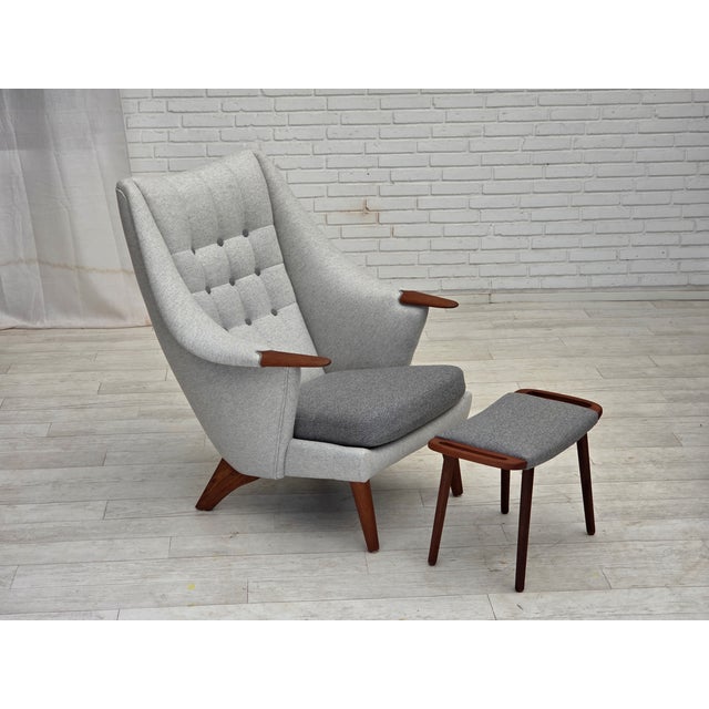 Set of Danish Teak and Wool High-Backed Armchair and Ottoman, 1970s For Sale - Image 12 of 18