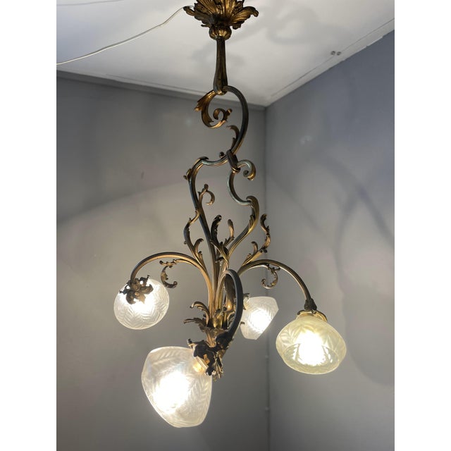 Art Nouveau Golden Chandelier with Frosted Glass Shades For Sale - Image 3 of 18