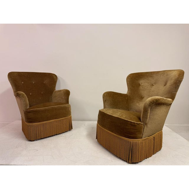 Wood Set of Danish Lounge Chairs with Fringe Skirts, 1950s For Sale - Image 7 of 16