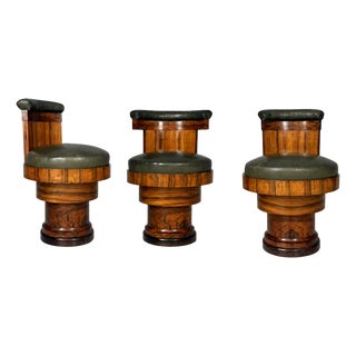 Art Deco Italian Wooden and Green Faux Leather Chairs, 1930s, Set of 3 For Sale