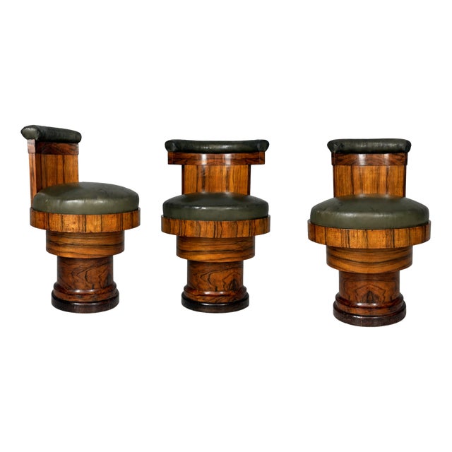 Art Deco Italian Wooden and Green Faux Leather Chairs, 1930s, Set of 3 For Sale