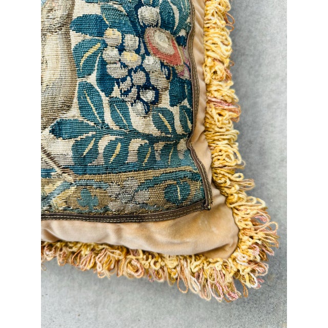 This is a beautiful and richly detailed antique tapestry pillow, likely dating from the late 19th to early 20th century....
