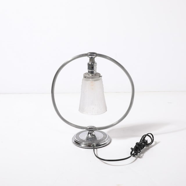 1930s Art Deco Chrome & Frosted Cubist Shade Open Form Table Lamp Signed Muller Freres For Sale - Image 12 of 15