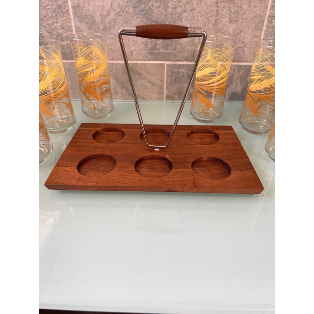 Mid-Century Modern Libbey Golden Harvet Glass Set With Wooden Caddy- 7 Pieces For Sale - Image 9 of 9