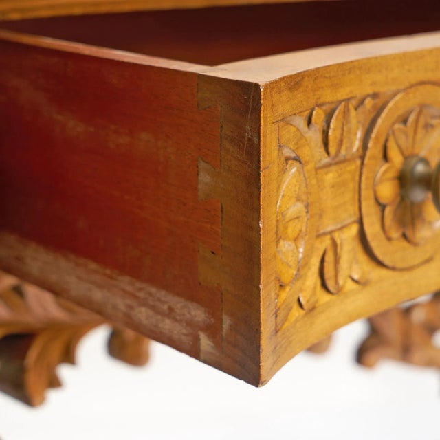 Wood Antique English Hand-Carved Oak Wood Marble Top Continental Console Table For Sale - Image 7 of 12