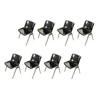 Modus Stackable Chairs with Desk in Black Plastic and Aluminum by O. Borsani, 1980s, Set of 8 For Sale