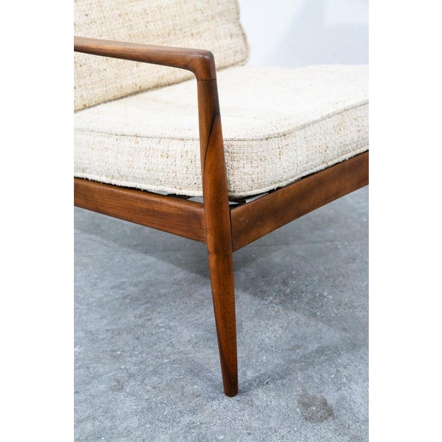 Mid Century Danish Modern Lounge Chair Walnut Wool Fabric Armchair Vintage White For Sale - Image 9 of 12