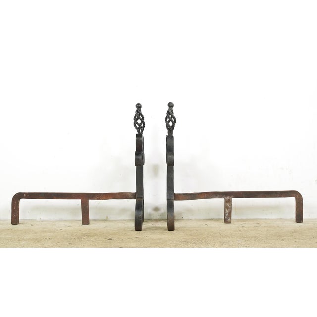 Pair of Antique French Wrought Iron Andirons For Sale - Image 6 of 9