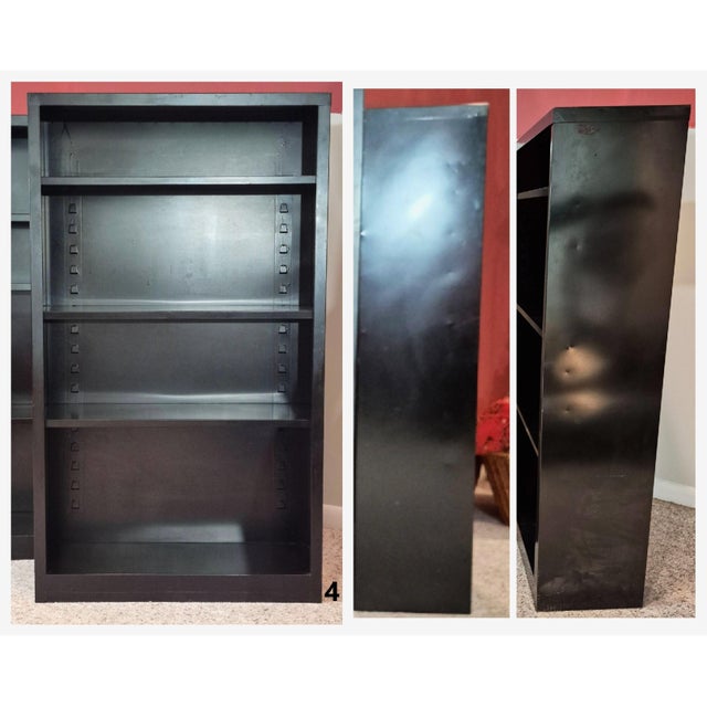 Vintage MCM Industrial Black Steel Tanker Bookcases Book Shelves W/ Adjustable Shelves, Set of 4 For Sale In Washington DC - Image 6 of 18