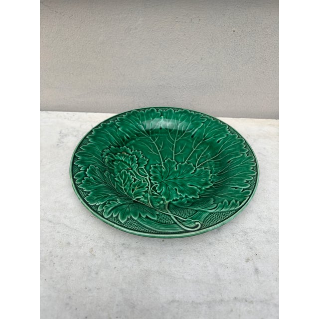 French Green Majolica Leaves Plate Montereau, circa 1890.