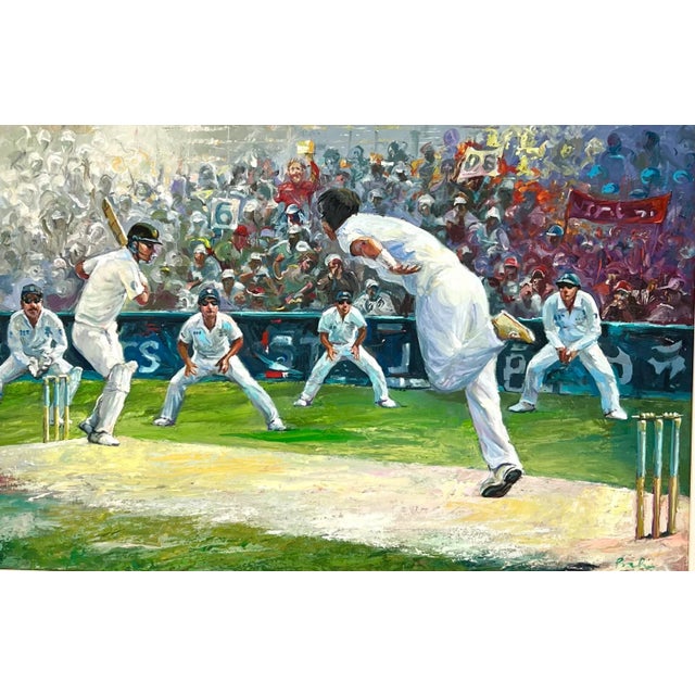 Ah the gentleman's game of cricket! Beautiful oil on canvas depicts Australian batsman and English cricket team fielding -...