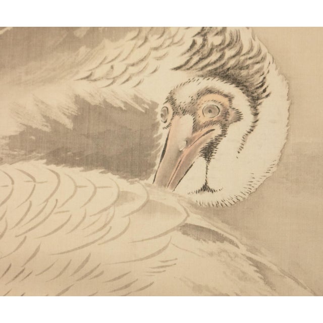 "Two Cranes and the Sun", Showa Era Japanese Monochrome Silk Scroll Painting For Sale - Image 12 of 18