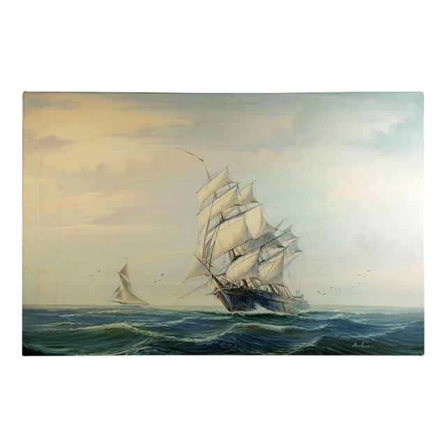 Late 20th Century Original Oil Painting Clipper Ship at Sea, Signed Ambrose Marine Art For Sale