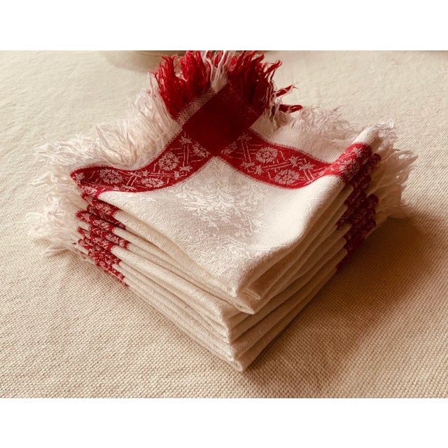 Ruby Red 19th Century French Hand-Woven Linen Napkins With Fringe, Set of 8 For Sale - Image 8 of 10