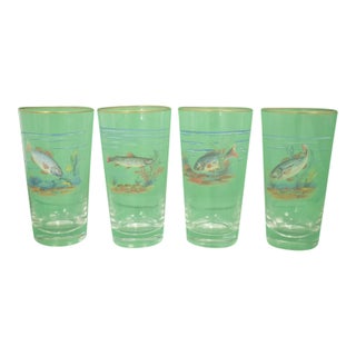 Vintage Mid-Century Hand-Painted 'Fish' High-Ball Glasses - Set of 4 For Sale