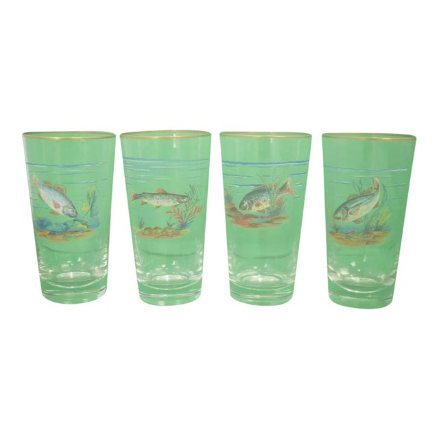 Vintage Mid-Century Hand-Painted 'Fish' High-Ball Glasses - Set of 4 For Sale