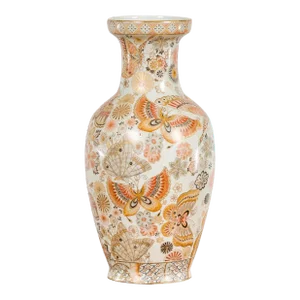 Vintage Japanese Kutani Style Vase with Flowers and Butterflies, Orange and Gold