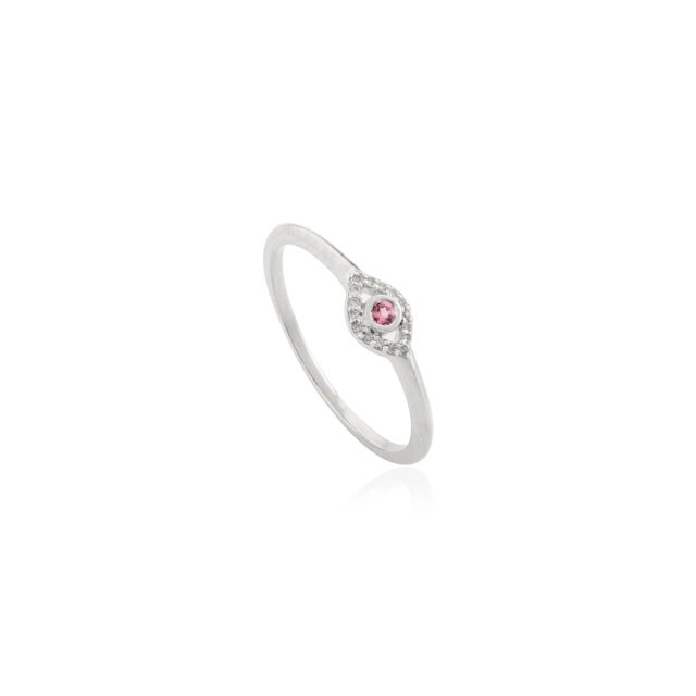Minimalism Minimal Pink Tourmaline Evil Eye Ring With Diamonds in 18k White Gold Size 5.5 For Sale - Image 3 of 10