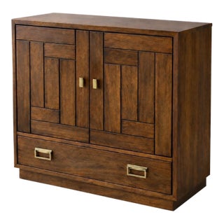 Drexel Mid 20th Century Architectural Walnut Cabinet With Geometric Facade & Pocket Doors For Sale