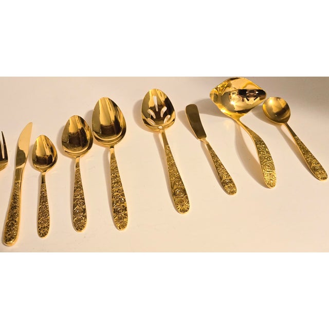 Mid 20th Century Mid-Century Hollywood Regency Gold Floral Flatware- Set of 72 For Sale - Image 5 of 18