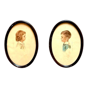Vintage Children Portrait Duo in Oval Frame - Set of 2
