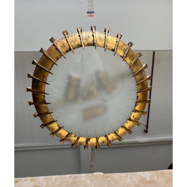Brutalist Spanish 1960s Brutalist Gilt Metal Nail Design Sunburst Ceiling Fixture For Sale - Image 3 of 12