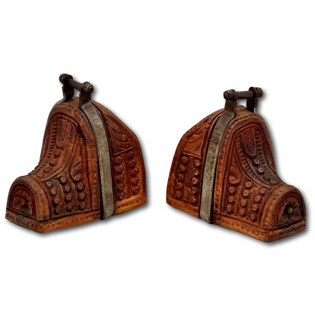 Outstanding Original Pair of Antique Spanish Colonial Hand Carved Wood & Wrought Iron Bedoya Stirrups - Circa 1800s For Sale - Image 11 of 18