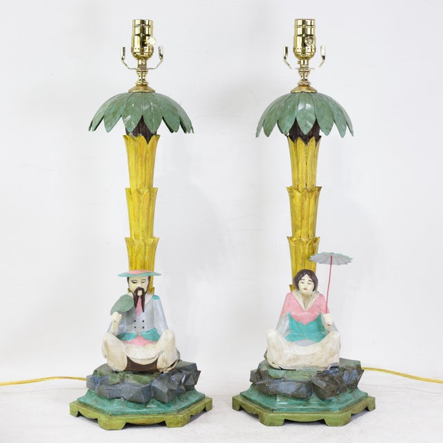 Vintage Hand-Painted Chinoiserie Tole Palm Tree and Figurine Table Lamps - a Pair For Sale - Image 13 of 13