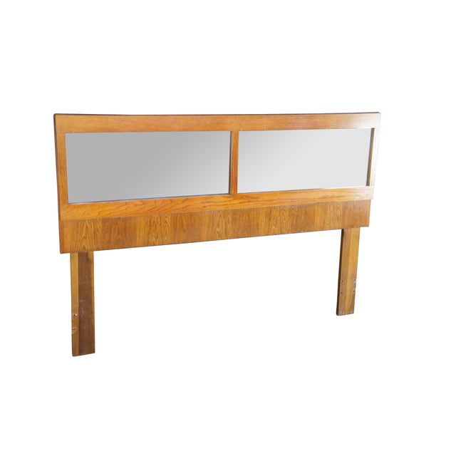 Mid century modern Attributed to Lane Staccato Brutalist full or queen size headboard featuring a mirrored back and oak...