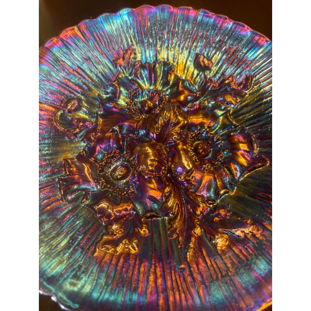 Glass Poppy Show Carnival Glass Plate by Northwood in Electric Blue or Amethyst For Sale - Image 7 of 8