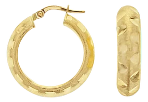24mm Diamond Cut Satin finish 14k Yellow Gold Hoops, 2 Pieces
