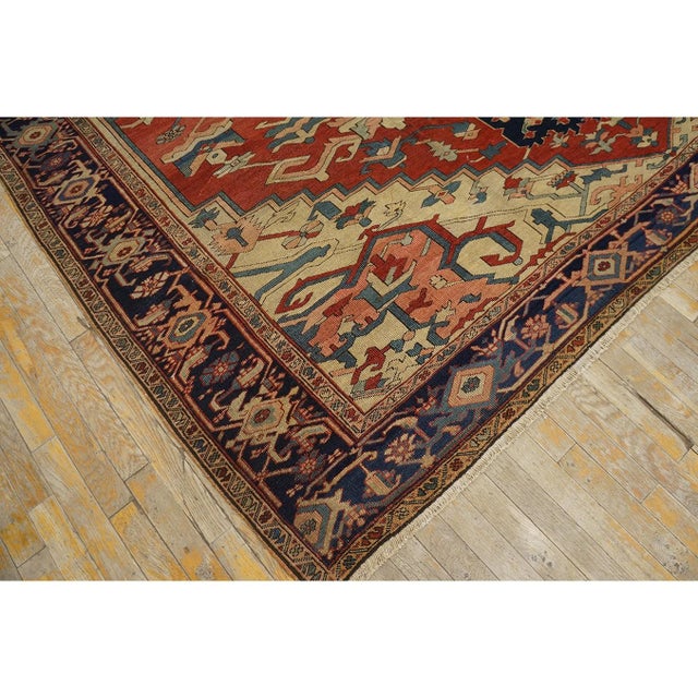 1880s Square Antique Red Geometric Anchor Medallion Persian Serapi Rug For Sale In New York - Image 6 of 9