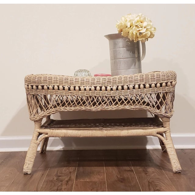 Art Deco 1950s Vintage 2 Tier Wicker Table With Intricate Wood Details in Original Antique Creamy White Paint & a Diamond Design on the Top For Sale - Image 3 of 12