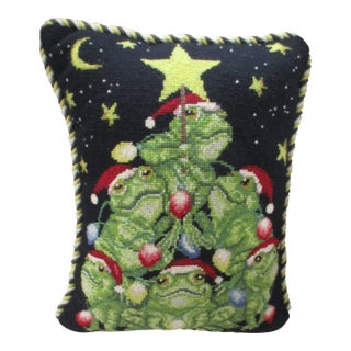Vintage Needlepoint Christmas Pillow With Ornate Frog Design 16 X 13 For Sale