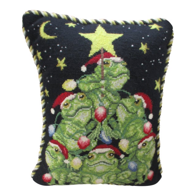 Vintage Needlepoint Christmas Pillow With Ornate Frog Design 16 X 13 For Sale