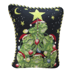 Vintage Needlepoint Christmas Pillow With Ornate Frog Design 16 X 13