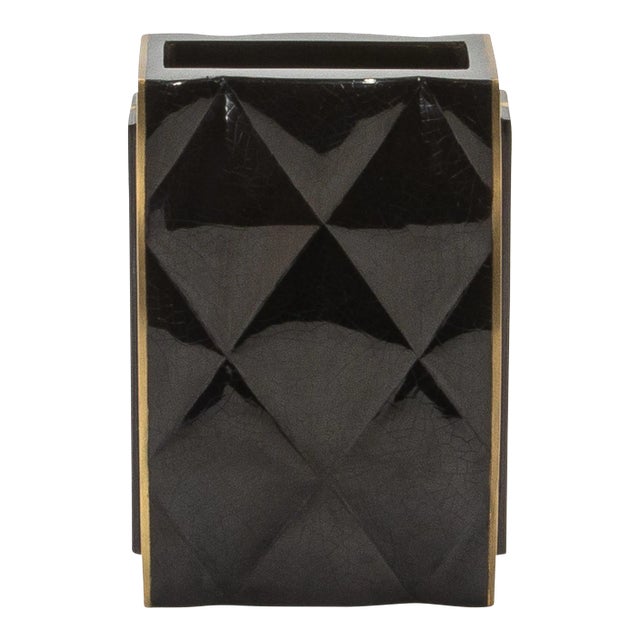 Modern Quilted Vase in Black Shell With Brass Details by Kifu Paris For Sale