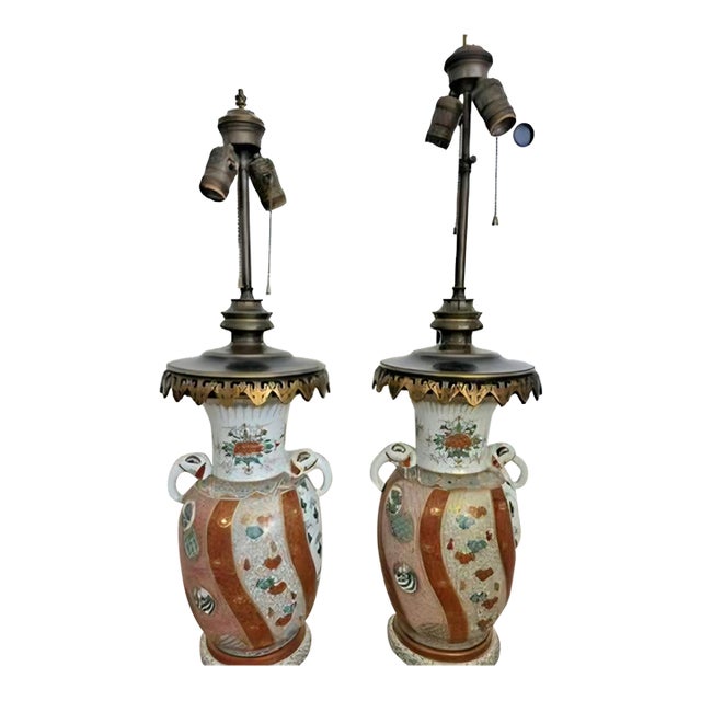 Vintage Japanese Kutani Elephant Handle Porcelain Vase Lamps Hand Painted Pair For Sale