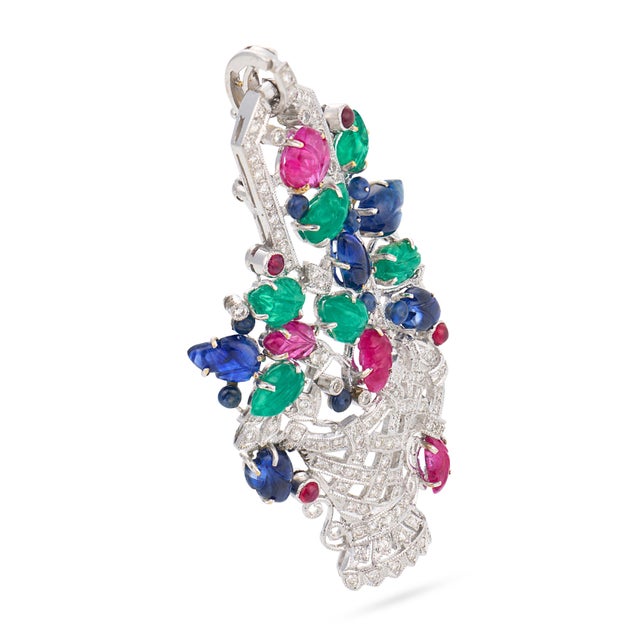 Contemporary 1980s Tutti Frutti Emerald Ruby Sapphire Diamond 18k White Gold Brooch Pendant For Sale - Image 3 of 6