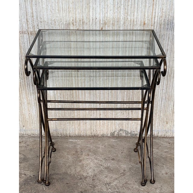 Mid 20th Century Midcentury Scrolling Iron Patio Nesting Side Tables with Glass Tops, Set of 3 For Sale - Image 12 of 18