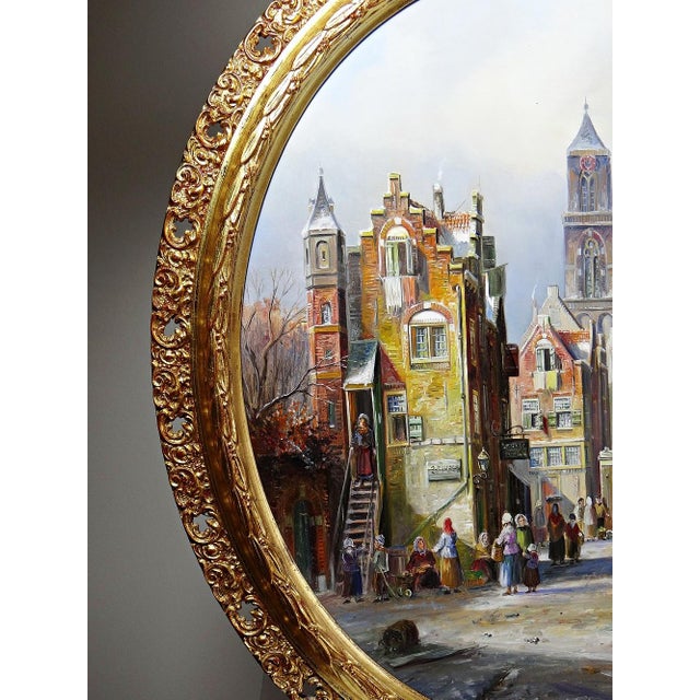 Superb large vintage painting from the 1960s-1980s by John Haanstra, a Dutch painter, depicting a colorful winter city...