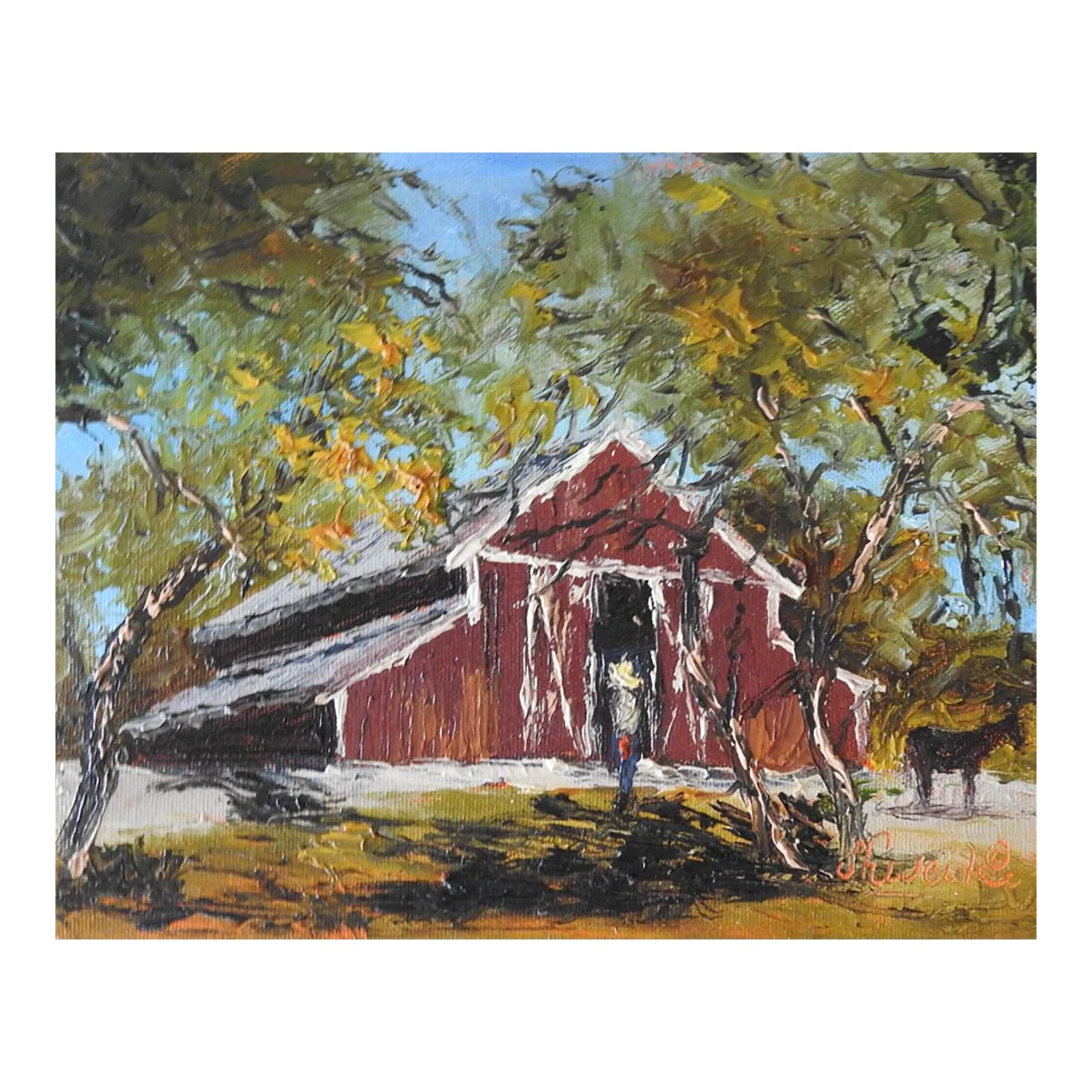 Contemporary Rustic Red Barn Farmyard Painting | Chairish