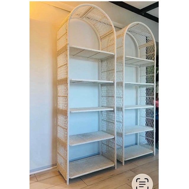 White 1970s Vintage Boho Chic Arched Rattan & Wicker Bookcases Étagère- a Pair For Sale - Image 8 of 12