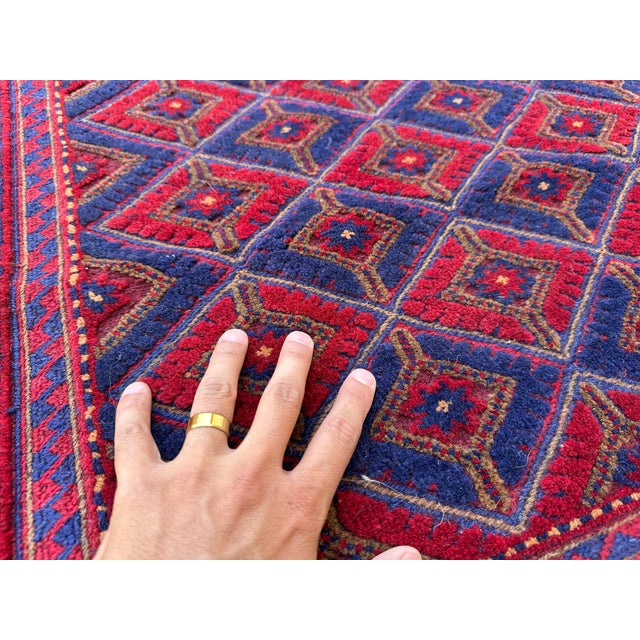 Textile Mushwani Red and Blue Andkhoy Hand-Knotted Wool Rug - 6'4" X 9'11" For Sale - Image 7 of 11