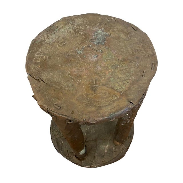 1970s Vintage Decorative Metal-Clad Stool or Pedestal With Hand-Tacked Surface and Patina For Sale - Image 5 of 10