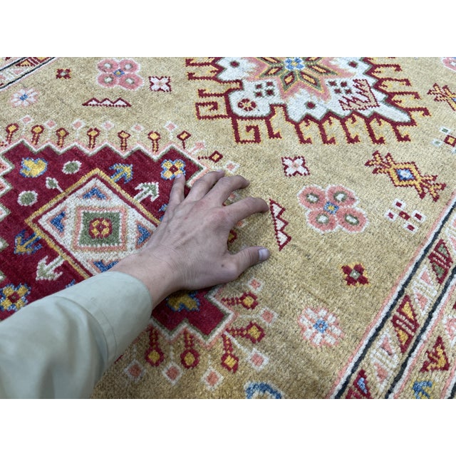 Golden Beige Kazak Tribal Wool Rug With Three Medallions, 4'2" X 5'9" For Sale - Image 10 of 14