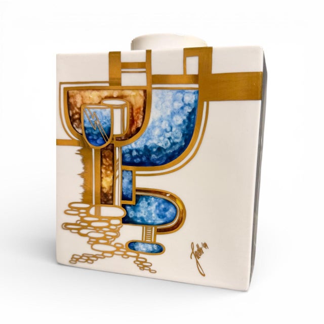 Metal KPM Berlin Vintage Vase With Gold Accents With Blue Bold Geometric ModernIn - Design by Trude Petri Signed For Sale - Image 7 of 10