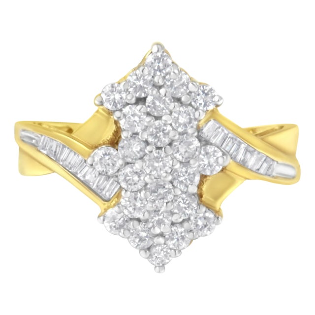 10K Yellow Gold Round And Baguette Cut Diamond Cluster Ring (1 1/10 Cttw, H-I Color, SI2-I1 Clarity) - Size 8 For Sale