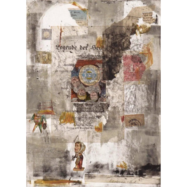 Contemporary abstract painting and collage composition with stamps, various types of paper, and watercolor by Michael...