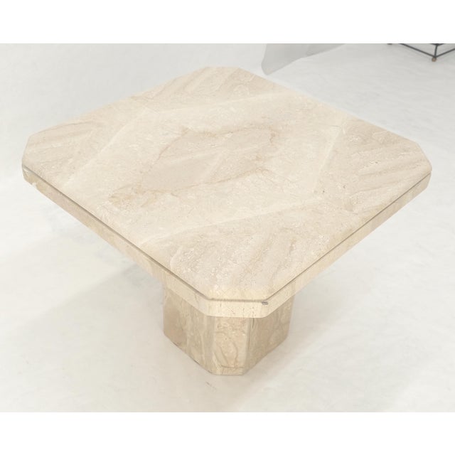 Angelo Mangiarotti Polished 27x27" Travertine Square Top Single Pedestal Side End Lamp Table Mint For Sale - Image 4 of 16